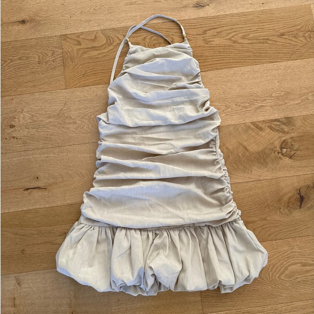 PLT Label - Ruched Puff Hem Strappy Bodycon Mini Dress in Beige